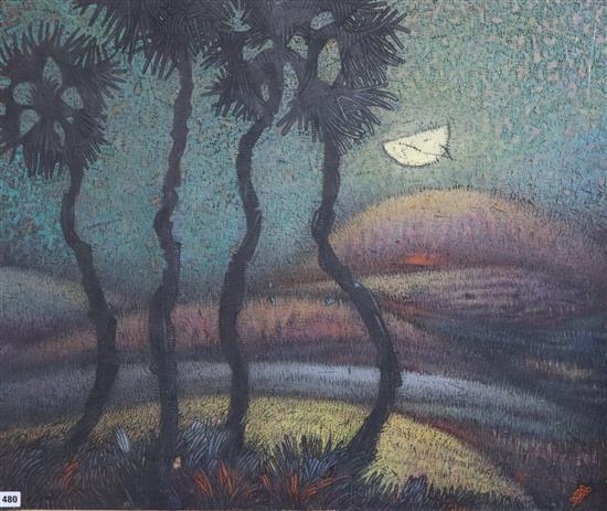 Bakash Kecrmakar, oil on canvas, Palm trees in a landscape, initialled and dated 2000, 75 x 90cm, unframed